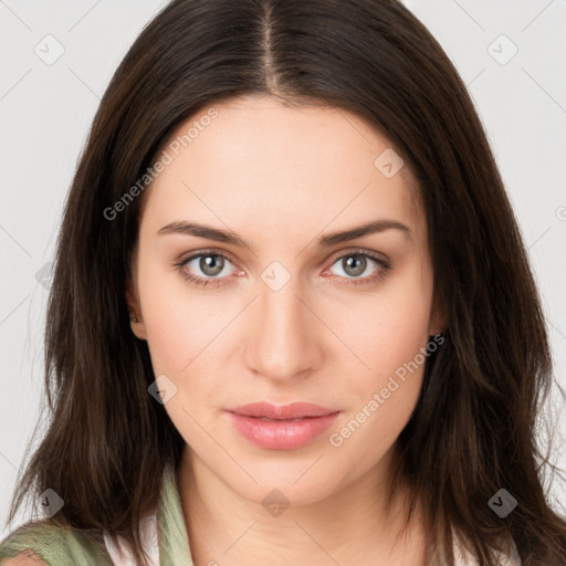 Neutral white young-adult female with medium  brown hair and brown eyes