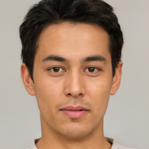 Neutral asian young-adult male with short  brown hair and brown eyes