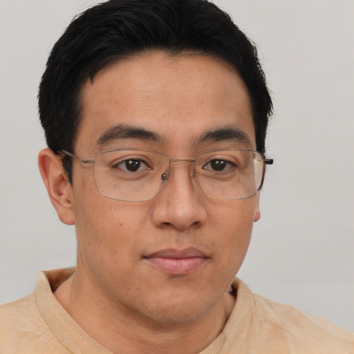 Neutral asian adult male with short  brown hair and brown eyes