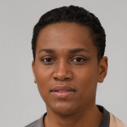 Neutral black young-adult female with short  black hair and brown eyes