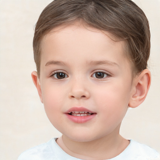 Joyful white child female with short  brown hair and brown eyes