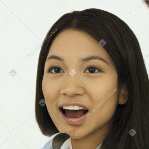 Joyful latino young-adult female with long  black hair and brown eyes