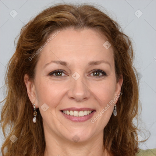 Joyful white young-adult female with long  brown hair and green eyes