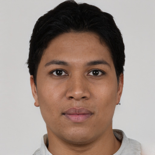 Neutral latino young-adult female with short  black hair and brown eyes