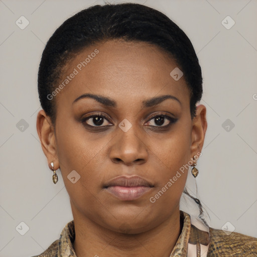 Neutral black young-adult female with short  brown hair and brown eyes