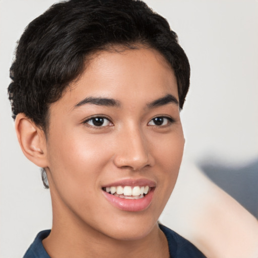 Joyful white young-adult female with short  brown hair and brown eyes