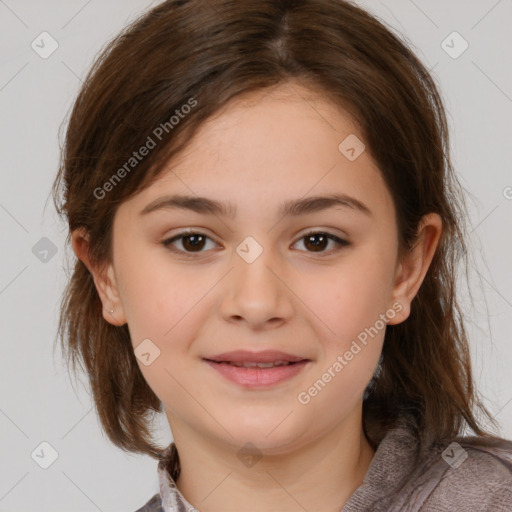 Joyful white child female with medium  brown hair and brown eyes