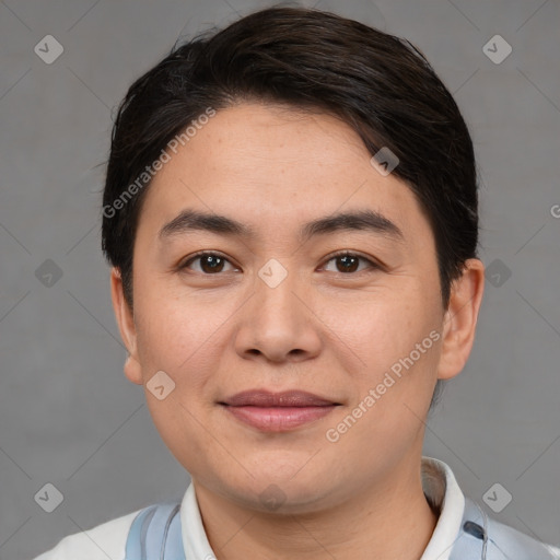 Joyful white young-adult male with short  brown hair and brown eyes