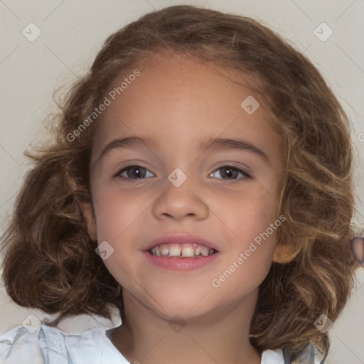 Joyful white child female with medium  brown hair and brown eyes