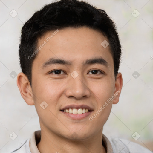 Joyful latino young-adult male with short  brown hair and brown eyes