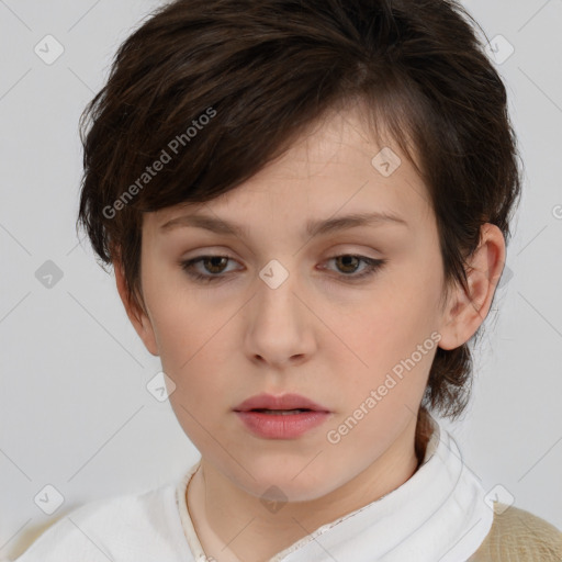 Neutral white young-adult female with medium  brown hair and brown eyes