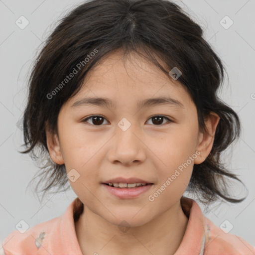 Joyful white child female with medium  brown hair and brown eyes