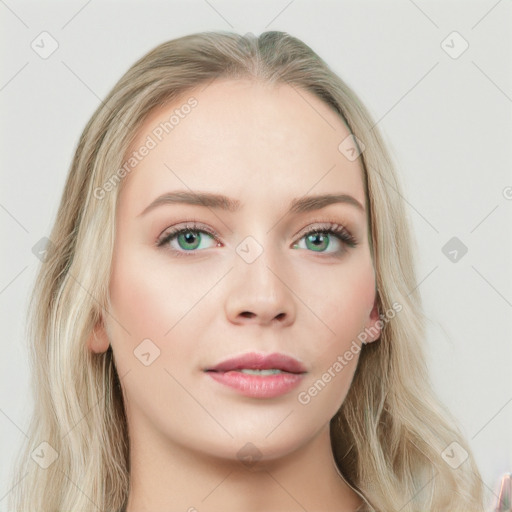 Neutral white young-adult female with long  brown hair and blue eyes