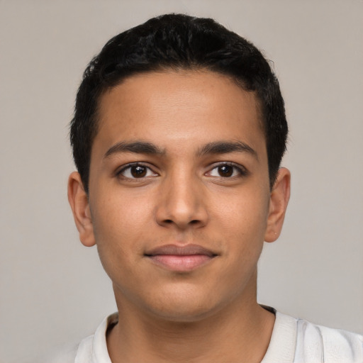 Neutral latino young-adult male with short  brown hair and brown eyes