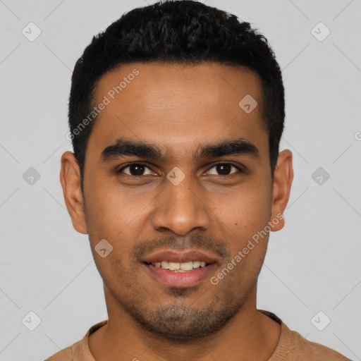 Joyful latino young-adult male with short  black hair and brown eyes