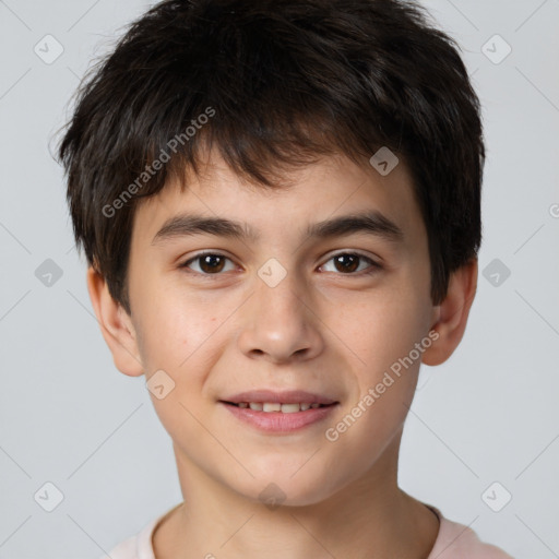 Joyful white child male with short  brown hair and brown eyes