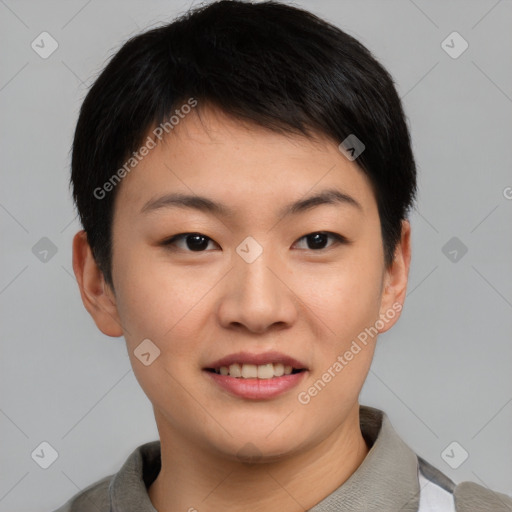 Joyful asian young-adult female with short  brown hair and brown eyes