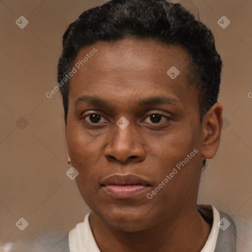 Joyful black young-adult male with short  brown hair and brown eyes