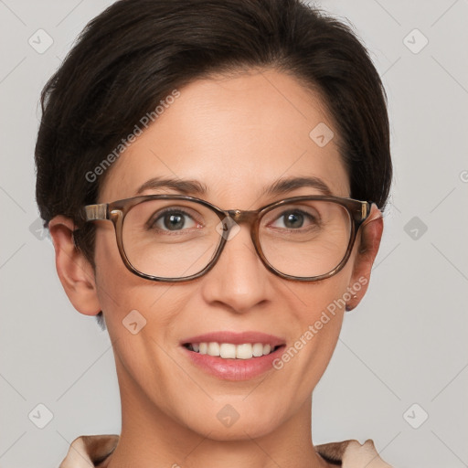 Joyful white adult female with medium  brown hair and brown eyes