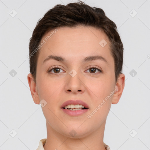 Joyful white young-adult female with short  brown hair and brown eyes