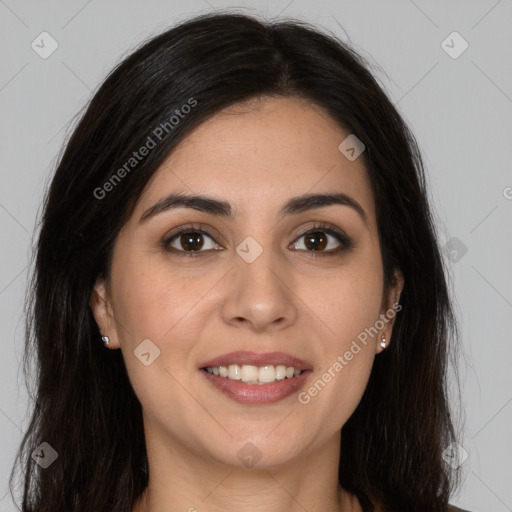 Joyful white young-adult female with long  brown hair and brown eyes