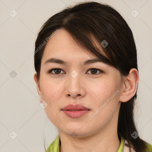 Neutral white young-adult female with medium  brown hair and brown eyes