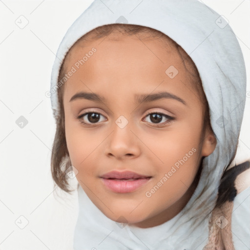 Joyful white child female with medium  brown hair and brown eyes