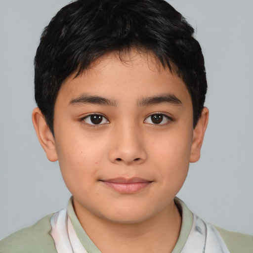 Joyful asian child male with short  brown hair and brown eyes