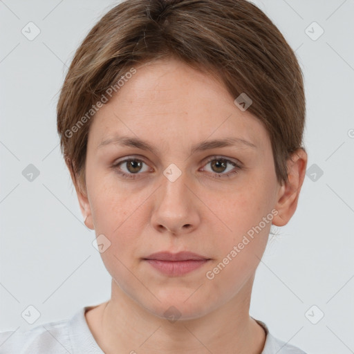 Neutral white young-adult female with short  brown hair and grey eyes