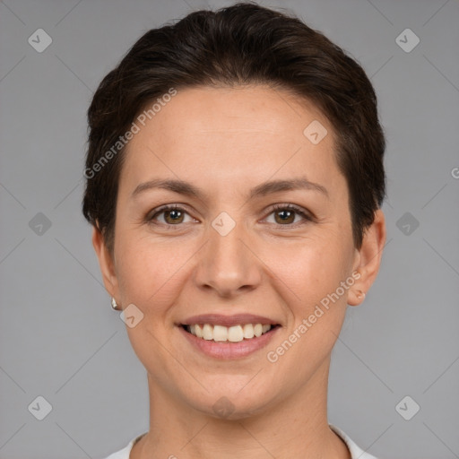 Joyful white young-adult female with short  brown hair and brown eyes