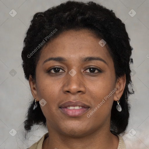 Neutral black young-adult female with short  black hair and brown eyes