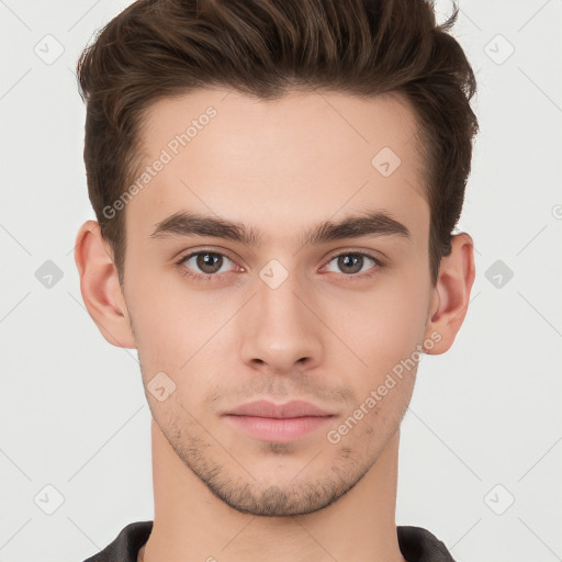 Neutral white young-adult male with short  brown hair and brown eyes