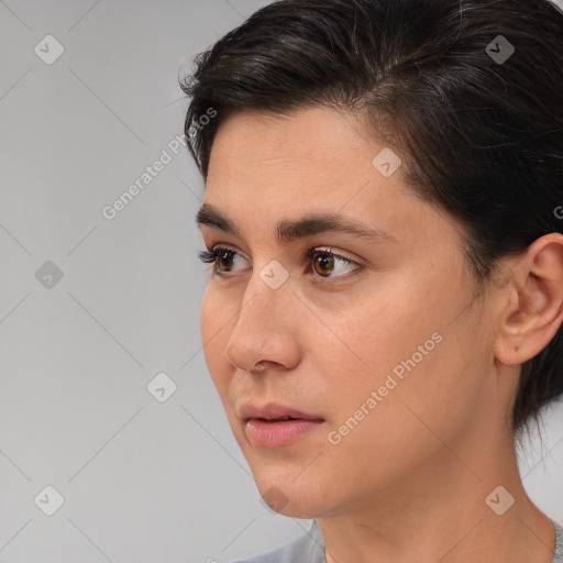 Neutral white young-adult female with medium  brown hair and brown eyes