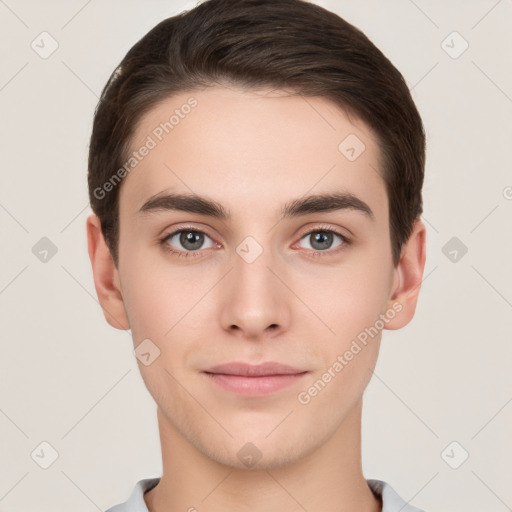 Neutral white young-adult male with short  brown hair and brown eyes