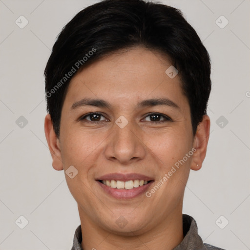 Joyful white young-adult female with short  brown hair and brown eyes