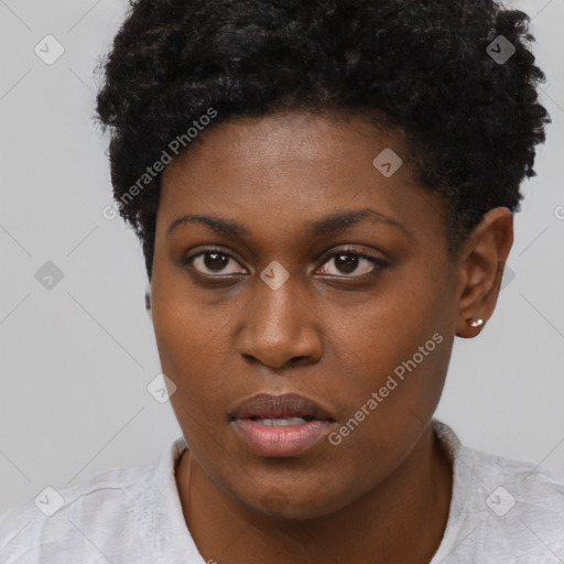 Neutral black young-adult female with short  brown hair and brown eyes