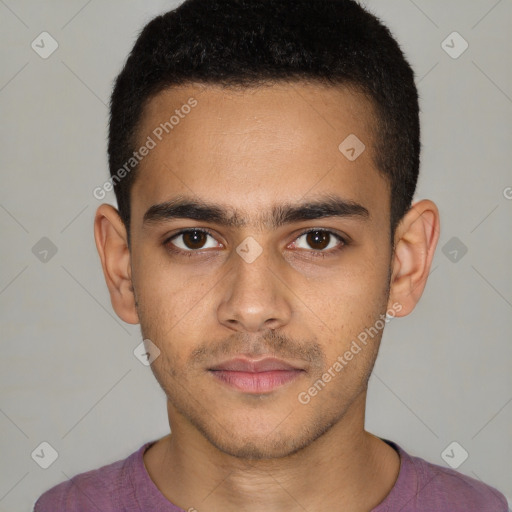 Neutral white young-adult male with short  black hair and brown eyes