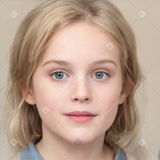 Neutral white child female with medium  brown hair and blue eyes