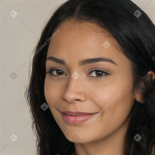 Joyful latino young-adult female with long  brown hair and brown eyes