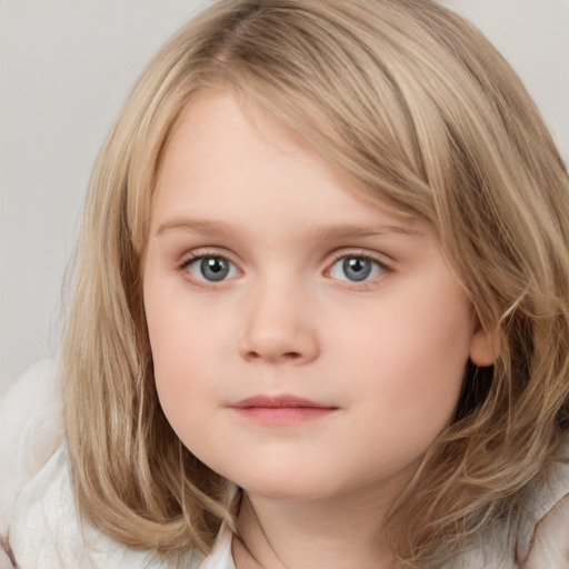 Neutral white child female with medium  brown hair and blue eyes