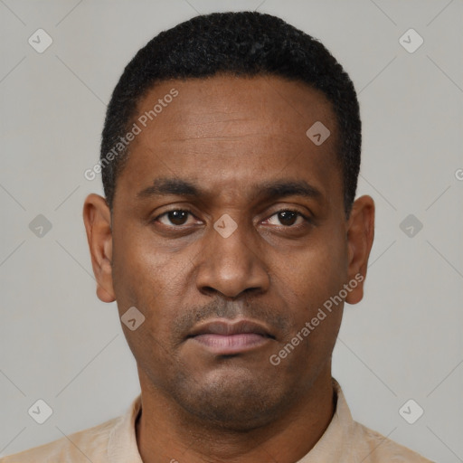 Neutral latino young-adult male with short  black hair and brown eyes