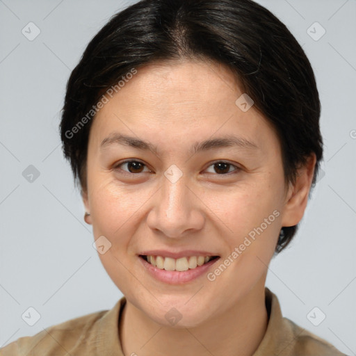 Joyful white young-adult female with medium  brown hair and brown eyes