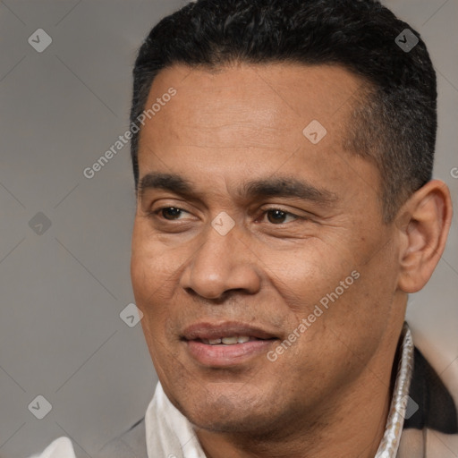 Joyful latino adult male with short  black hair and brown eyes