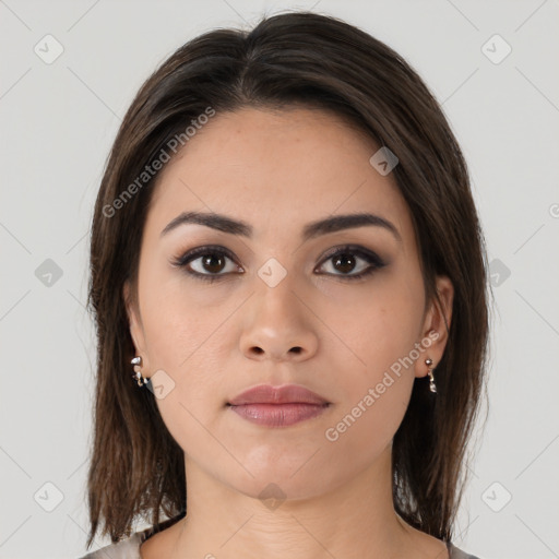 Neutral white young-adult female with medium  brown hair and brown eyes