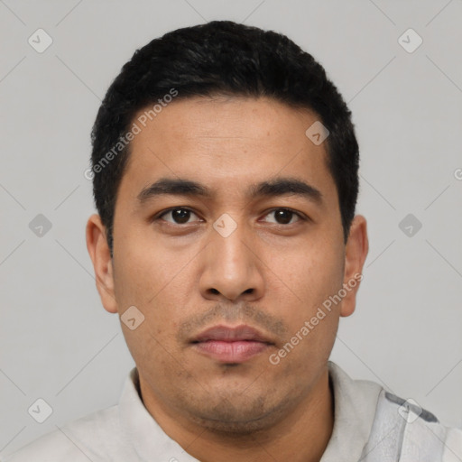 Neutral asian young-adult male with short  black hair and brown eyes