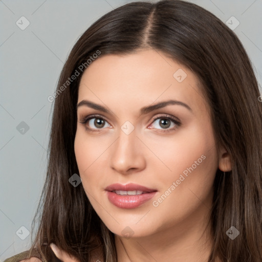 Neutral white young-adult female with long  brown hair and brown eyes