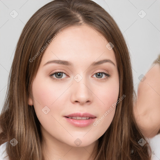 Neutral white young-adult female with long  brown hair and brown eyes