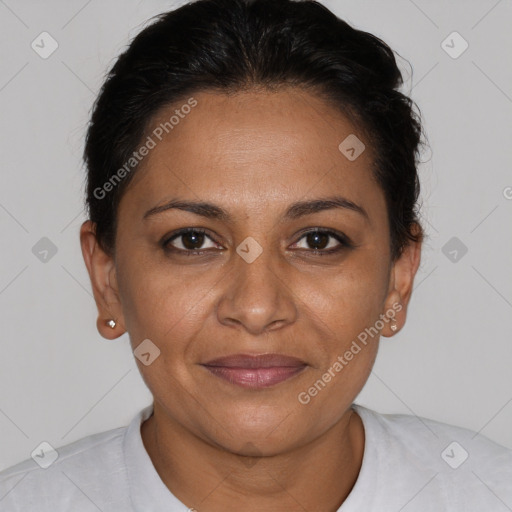Joyful white adult female with short  brown hair and brown eyes