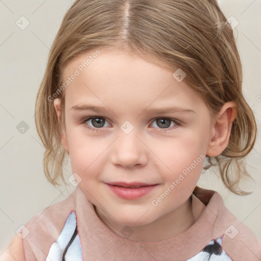 Joyful white child female with medium  brown hair and brown eyes