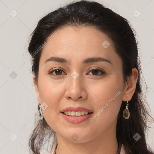 Joyful white young-adult female with long  brown hair and brown eyes